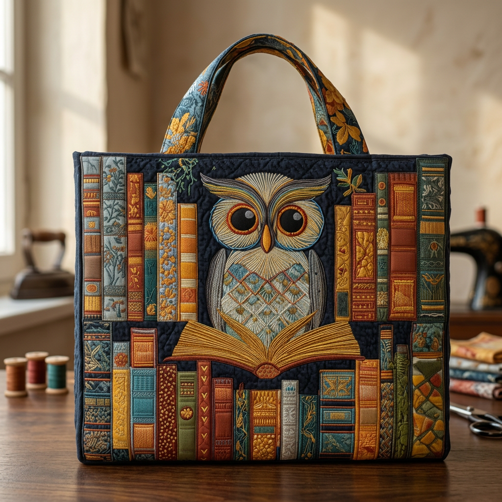 Bolso de mano con búho y libros