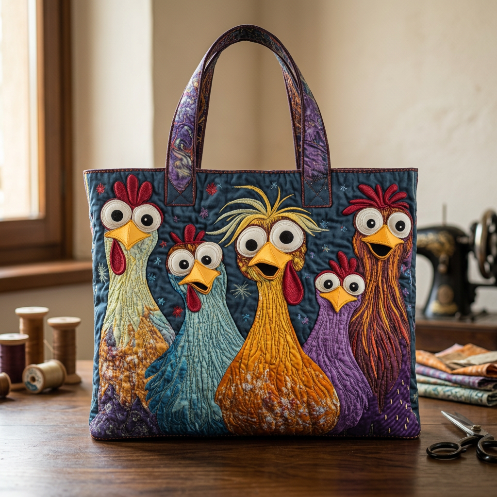 Bolso acolchado con cinco gallinas de colores