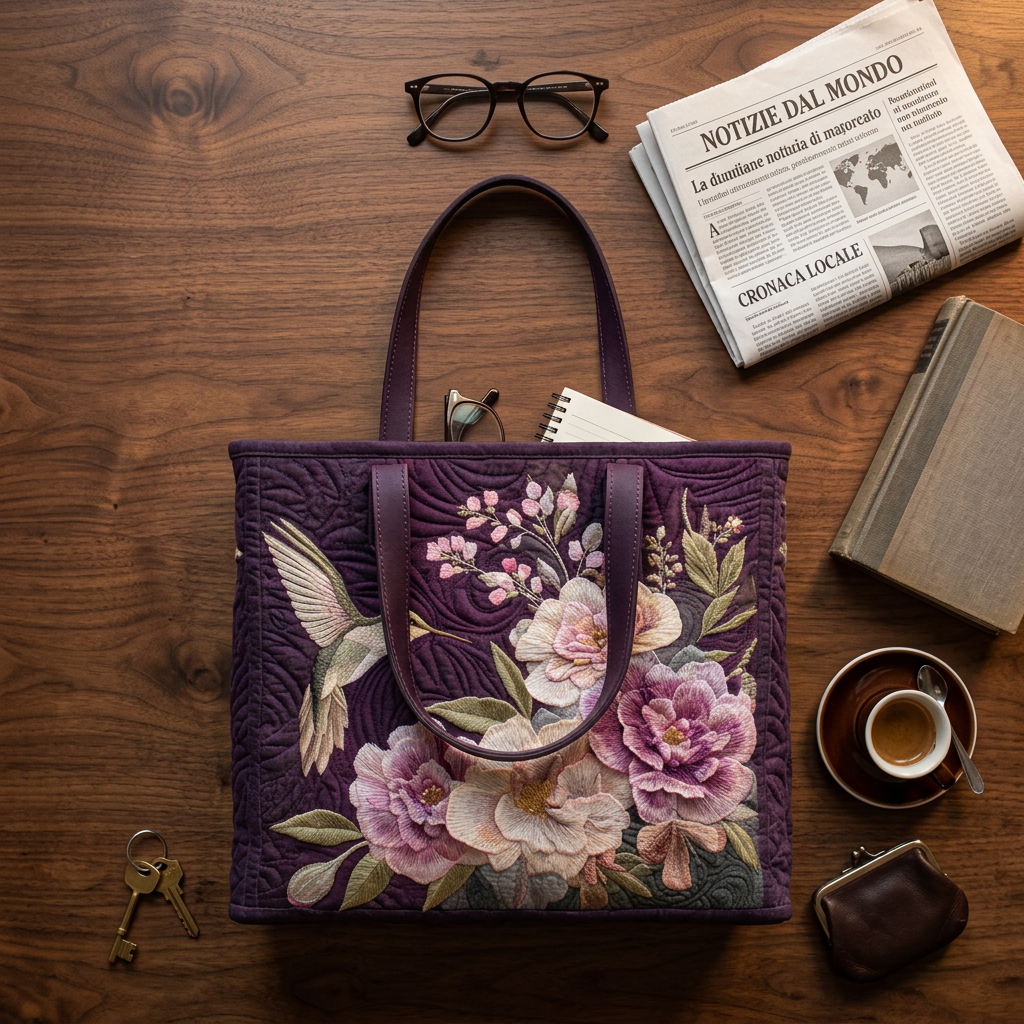 Bolso trapuntado con colibrí y orquídeas