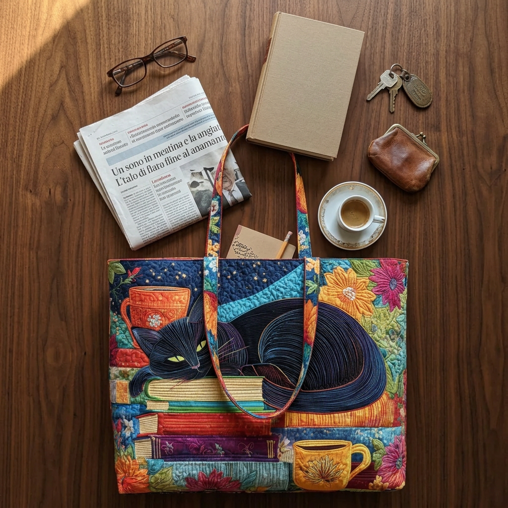 Bolso de mano acolchado con gato negro