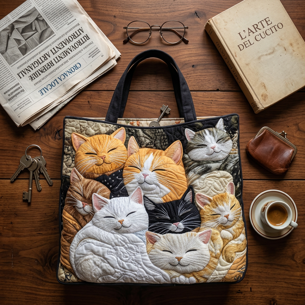 Bolso de mano acolchado con gatos dormidos