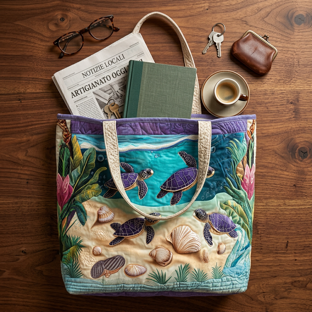 Bolso acolchado con tortugas marinas y conchas