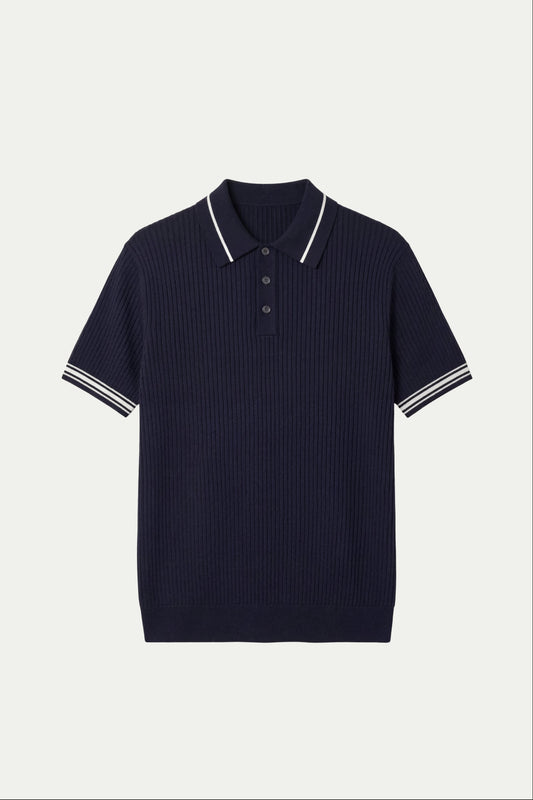 Navy Mercurial Polo | Knit Polo with Striped Sleeves