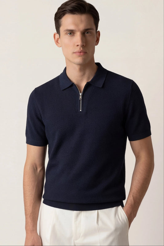Navy Classic Drift Polo | Knit Polo with Striped Sleeves