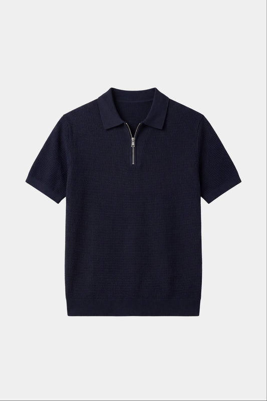 Navy Classic Drift Polo | Knit Polo with Striped Sleeves