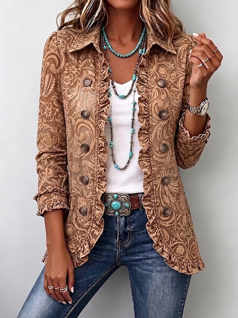 Chaqueta de lino con estampado floral y volantes