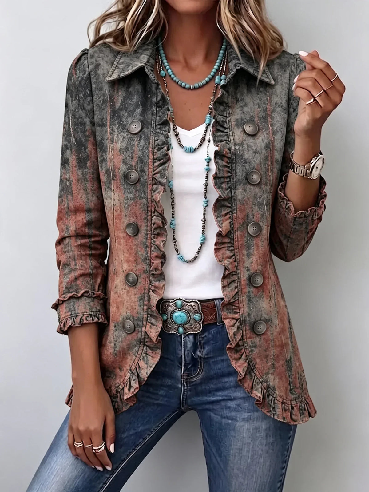 Chaqueta de denim degradado con volantes