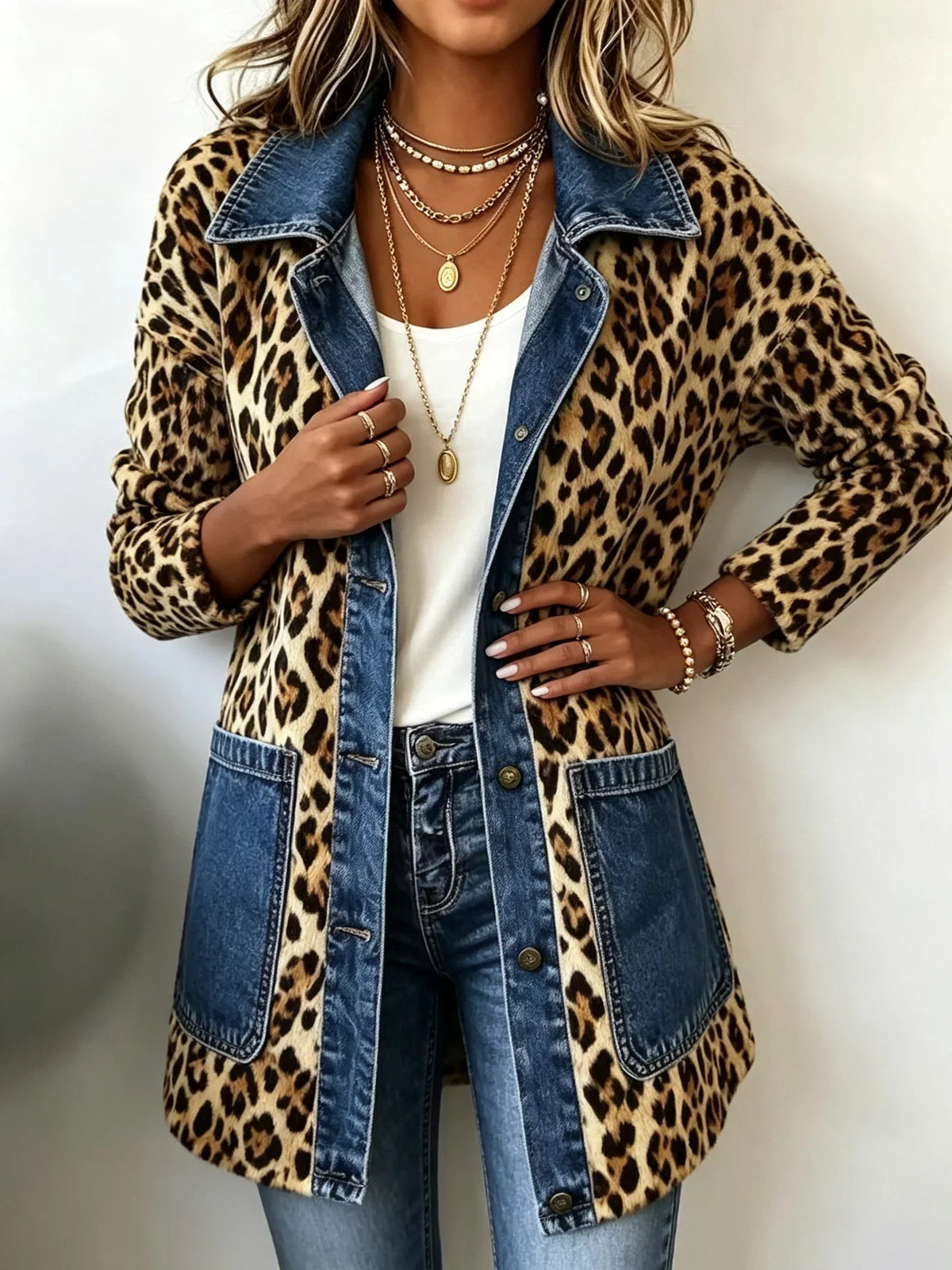 Chaqueta larga de leopardo con detalles vaquero