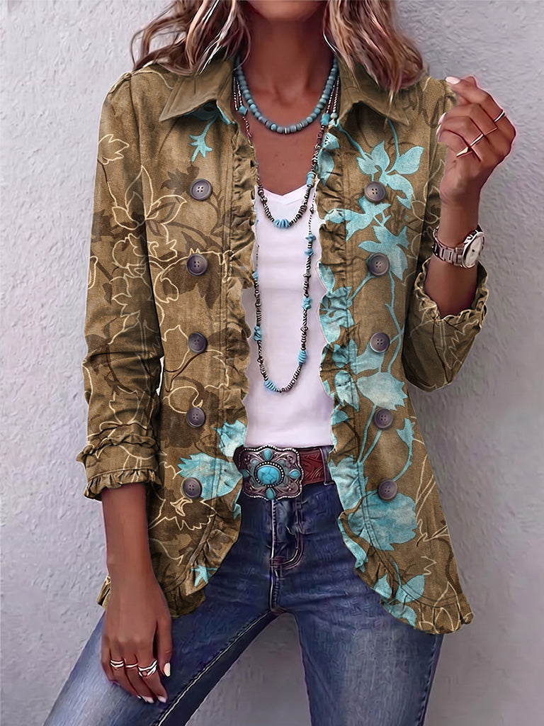 Chaqueta floral con volantes y doble botonadura