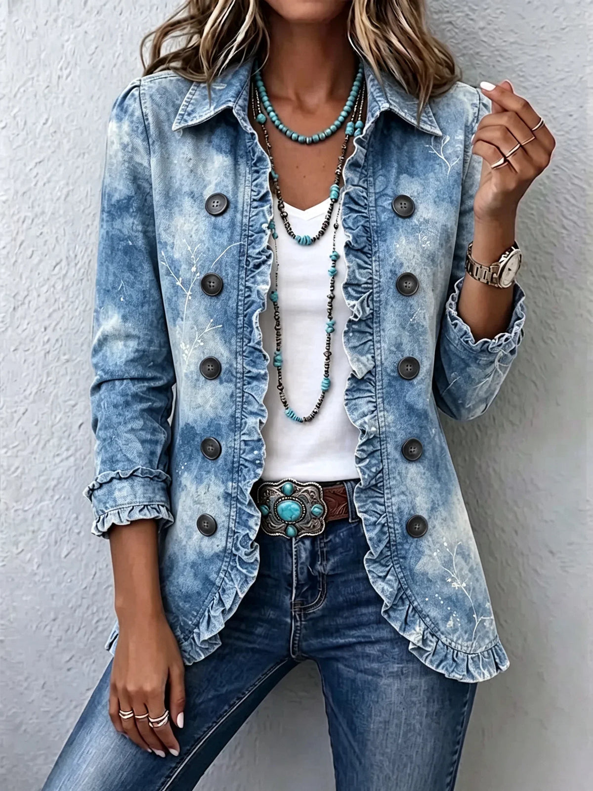 Chaqueta de denim degradado con volantes