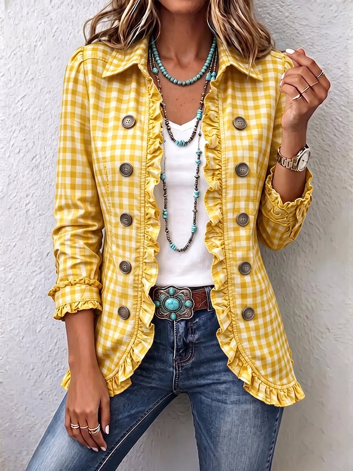 Chaqueta de cuadros vichy con volantes