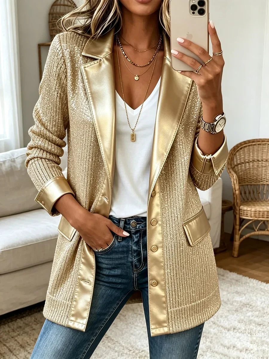 Blazer de punto dorado con ribetes de polipiel