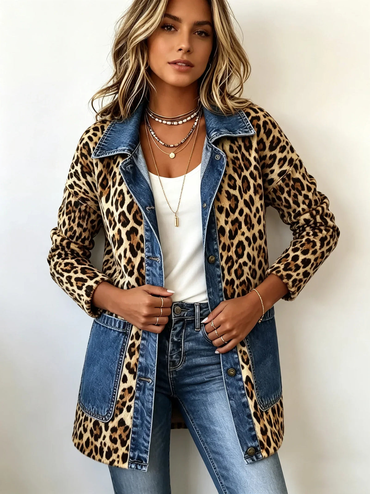 Chaqueta larga de leopardo con detalles vaquero