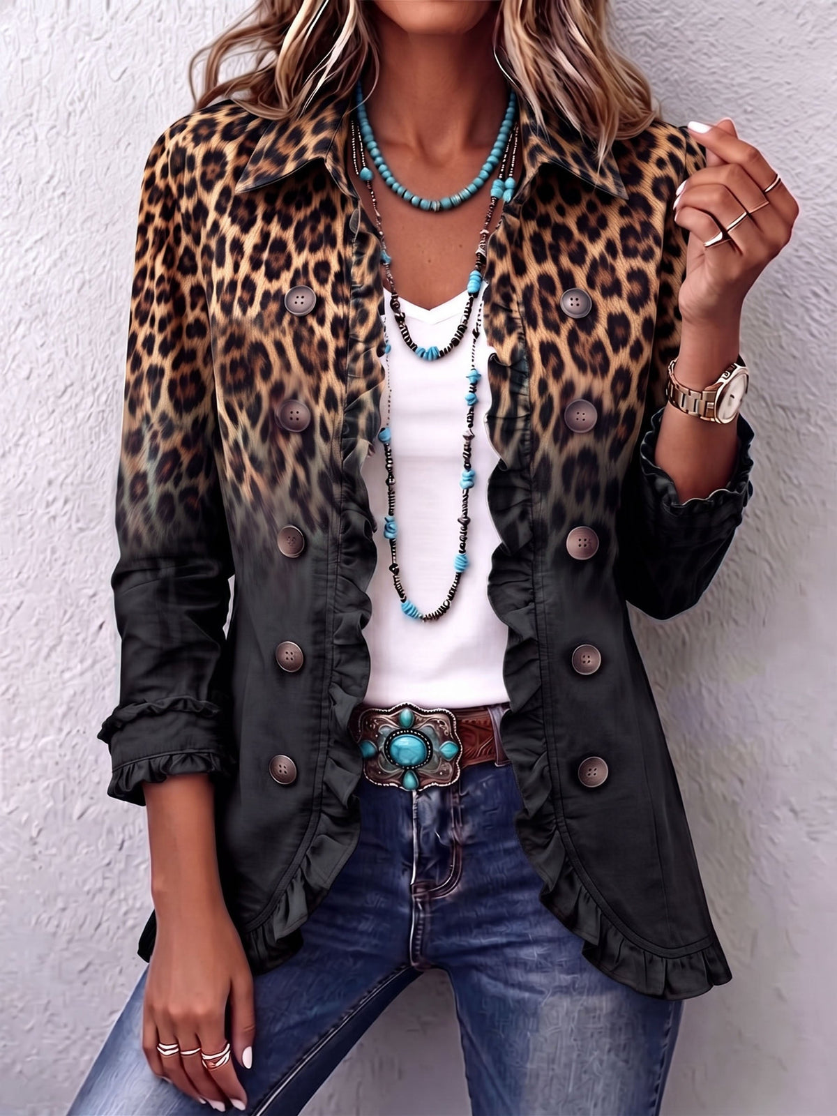 Chaqueta blazer leopardo degradado con volantes
