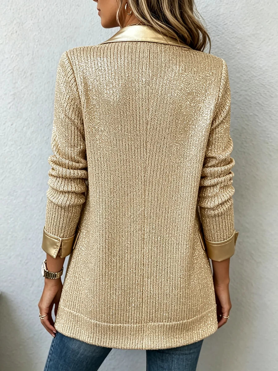 Blazer de punto dorado con ribetes de polipiel