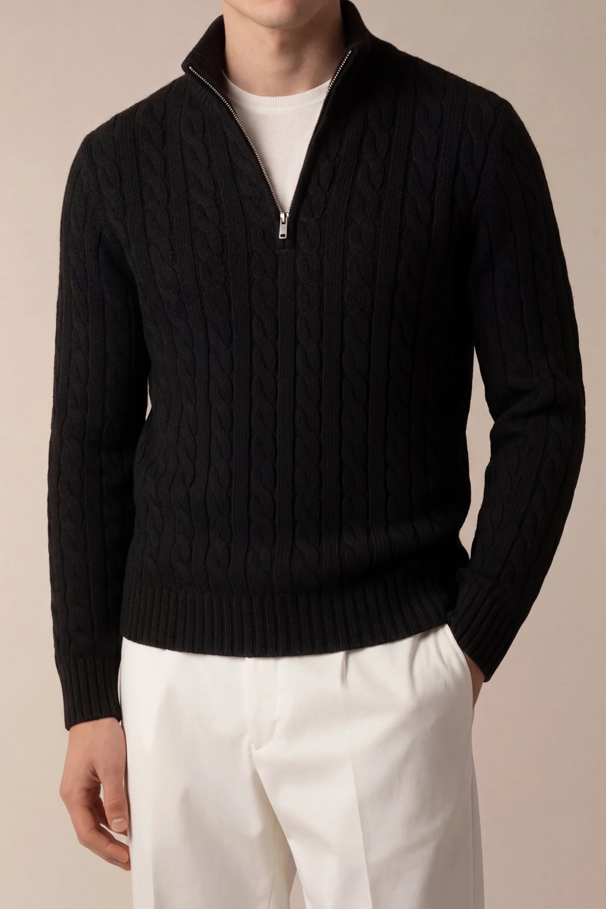 Sero Zip Knit Black | Cable-Knit Merino Sweater