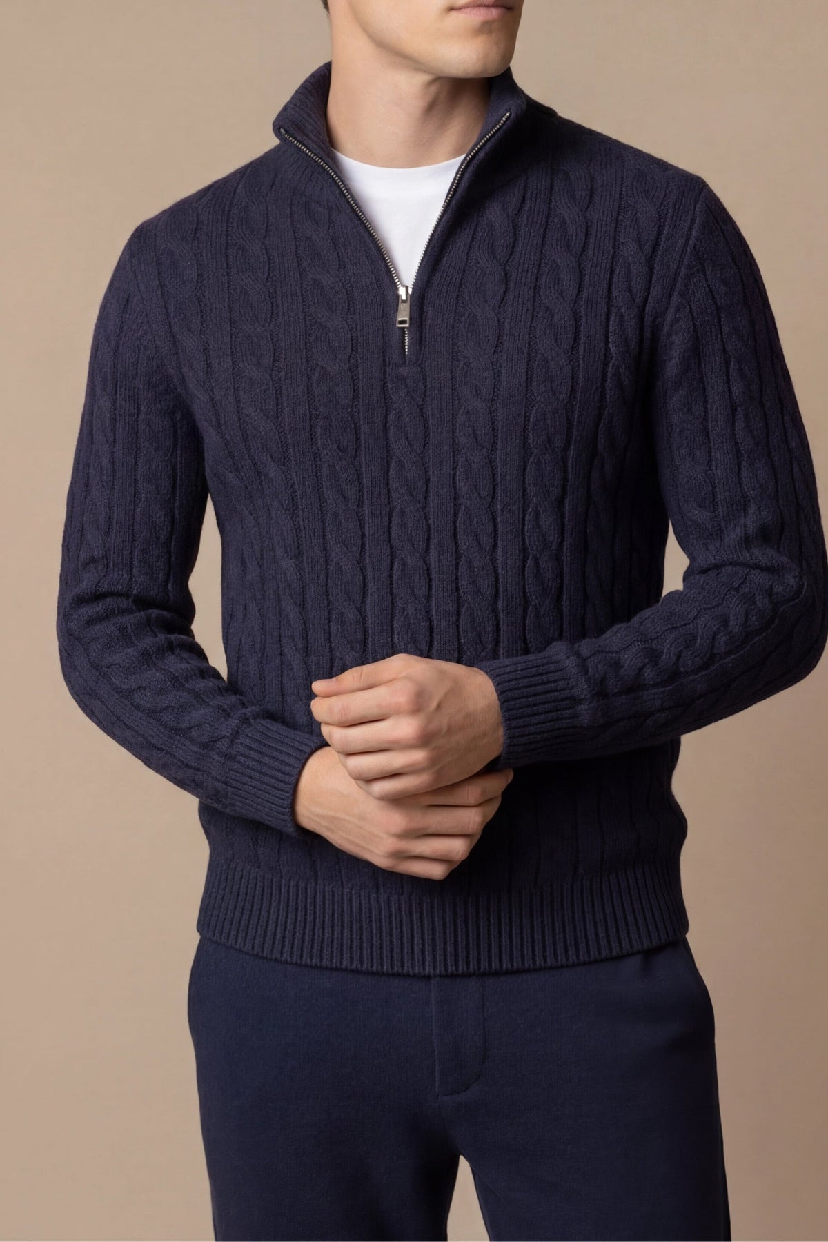Sero Zip Knit Navy | Cable-Knit Merino Sweater