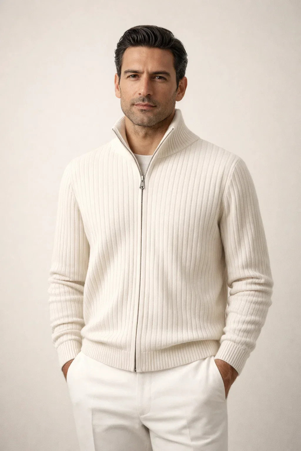 Enrico Zip-Up Ivory | Cashmere Knit Zip-Up